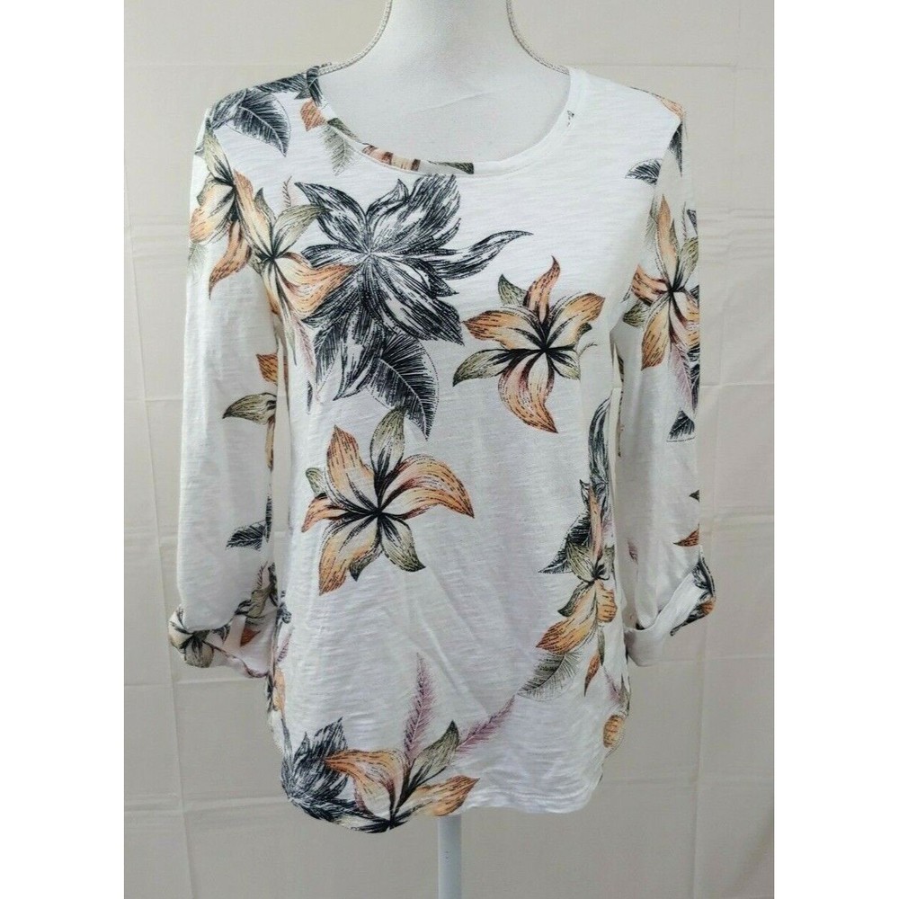Chcios Womens Top Sz 0 Floral White Cuffed 3/4 Sleeves Cotton Modal Small